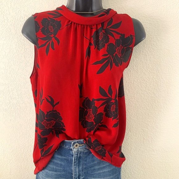 Vince Camuto Tops - Vince Camuto Red with Black Floral Chiffon Blouse Top Sleeveless Women's Size M